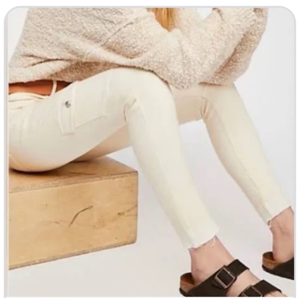 Free People Cream Denim Skinny Utility Cargo Jeans Button Fly Frey Hem S…